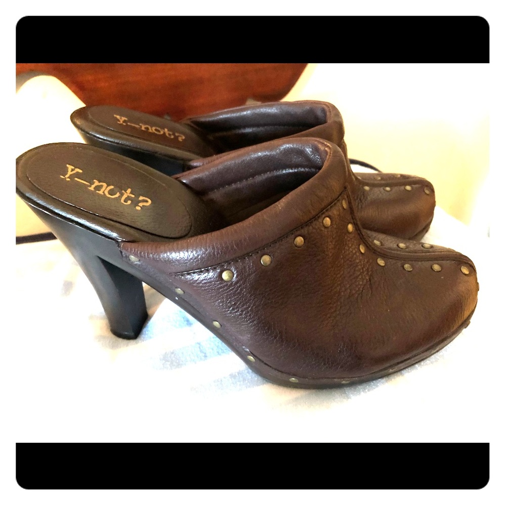 Studded brown leather high heeled mules size 8.5